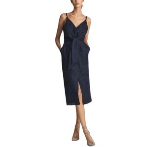 Reiss Kay Tie Detail Navy Linen Midi Dress 2